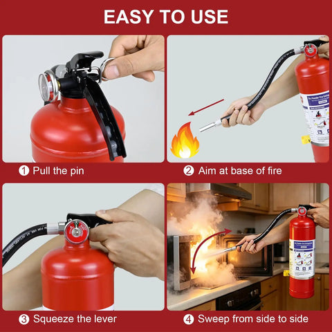 5 Lb Abc Dry Chemical Fire Extinguisher With Wall Mount And 2A 10B C Rating showing easy usage steps for emergency fire response.