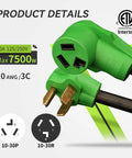 Close-up of Three Prong Dryer Extension Cord 25 Feet 30 Amp NEMA 10-30P to 10-30R Waterproof PVC Jacket ETL Listed connector