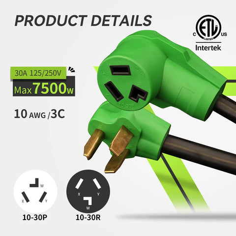 Close-up of Three Prong Dryer Extension Cord 25 Feet 30 Amp NEMA 10-30P to 10-30R Waterproof PVC Jacket ETL Listed connector