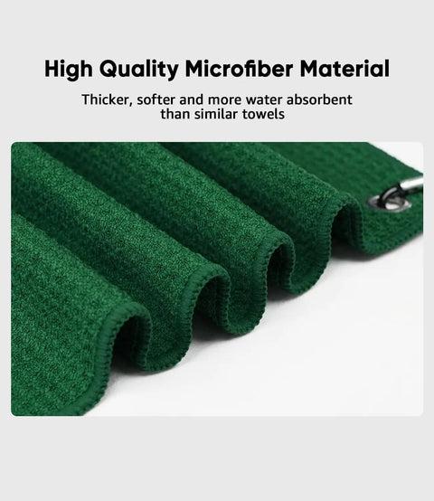 Green microfiber towel close-up from Golf Towel Set Of 3 16x16 Waffle Microfiber Towels With Carabiners And Hooks Includes Club Range Card And Gift Box Must Have Golf Accessories For Men And Women Great Gift For Golfers.