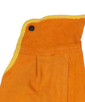 Heavy Duty Leather Flame Sleeves For Welders And Mechanics with a yellow trim and snap closure for secure fit.