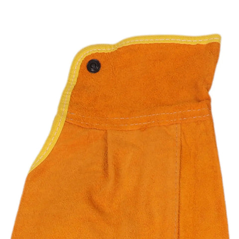 Heavy Duty Leather Flame Sleeves For Welders And Mechanics with a yellow trim and snap closure for secure fit.