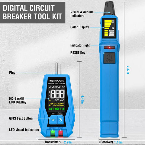 Go-To Circuit Breaker Finder Tool With Accessories, 90-135V Digital Breaker Locator with color display and LCD indicators