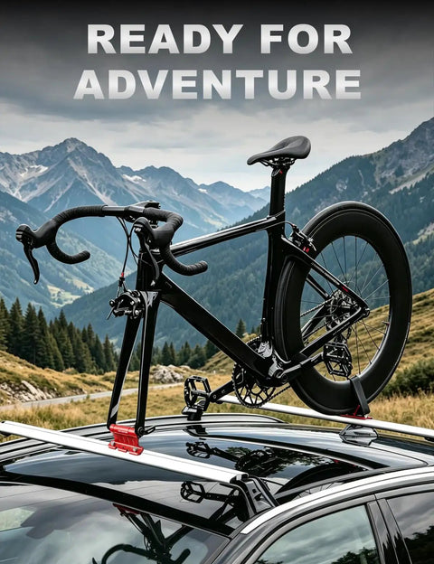 Truck Bed Bike Fork Mount With Four Adapters For 9x100mm QR 12x100mm 15x100mm And 15x110mm Boost Forks, mounted on car roof