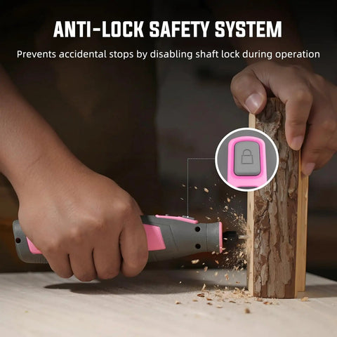 User operating Pink 4V Cordless Rotary Tool Kit With Seventy Heavy Duty Bits And Slick Engraving Handle for wood carving.