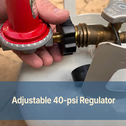 adjustable LPG regulator for BBQ grills with hose shown in use