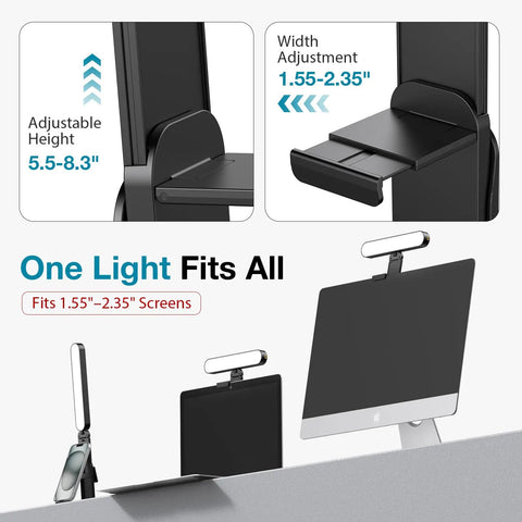 Image showing Video Conference Light On Camera Desk LED with adjustable clip for screens 1.55”-2.35” wide, showing height adjustments.