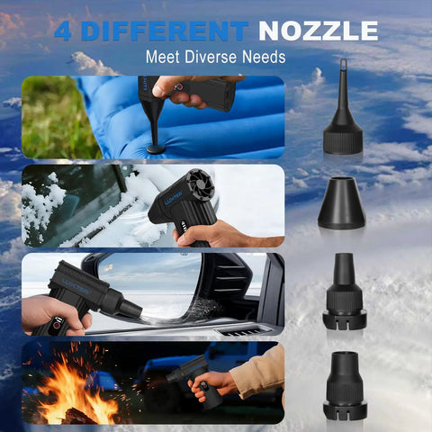 Two In One Air Duster And Vacuum Beast With 130000 RPM Brushless Motor Rechargeable Three Speed Settings Vacuum Kit showing multiple nozzle uses.