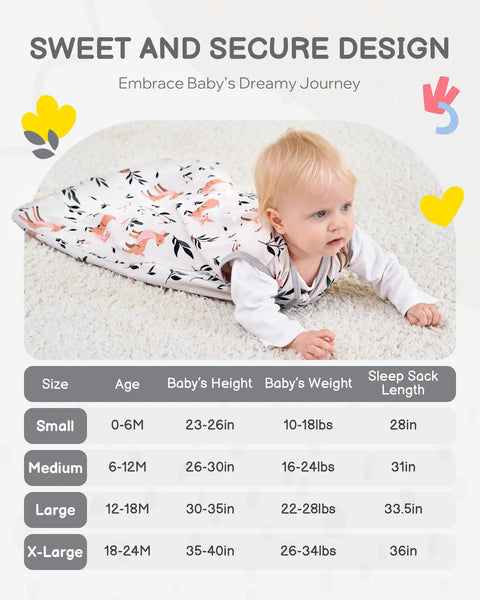 Baby wearing Three Pack Baby Sleep Sack 0-6 Months Lightweight 0.5 Tog Wearable Blanket 100 Percent Organic Cotton GOTS Certified Two Way Zipper Safe Sleep For Cozy Nights Cotton Fawn Grey, chart showing sizes and measurements.