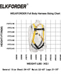 Sizing chart for 3D Ring Industrial Fall Protection Safety Harness ANSI Z359.11 2021 compliant full body PPE