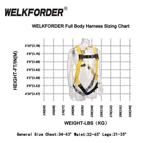 Sizing chart for 3D Ring Industrial Fall Protection Safety Harness ANSI Z359.11 2021 compliant full body PPE