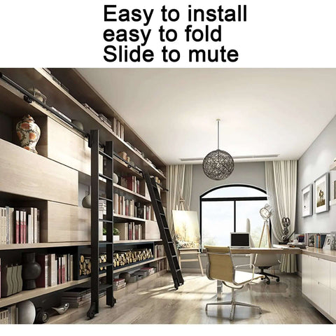 Office with Sliding Ladder Door Hardware Kit Black With Ladder For Barn Doors Full Track System installed on bookshelves.