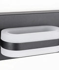 Close-up of Four Light Black Modern LED Dimmable Vanity Light with acrylic shade, 31.1 inch length, black finish