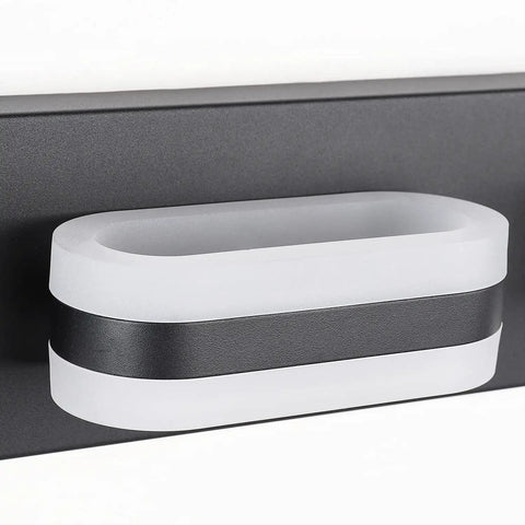 Close-up of Four Light Black Modern LED Dimmable Vanity Light with acrylic shade, 31.1 inch length, black finish