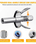 Upgraded dual-handle coupler of Heavy Duty Pistol Grip Grease Gun Kit With 18 Inch Flexible Hose Quick Release Coupler 8000 PSI