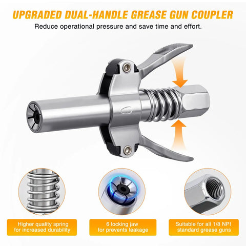 Upgraded dual-handle coupler of Heavy Duty Pistol Grip Grease Gun Kit With 18 Inch Flexible Hose Quick Release Coupler 8000 PSI