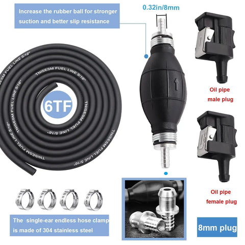 5/16 Inch Six Foot Fuel Line Assembly With Connector And Primer Bulb For Marine Outboard Boats And RVs Rubber Fuel Hose With Premium 304 Stainless Steel Hose Clamps Durable And Easy Install Fuel Line Kit Ready To Go