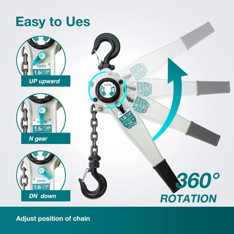 TOYO lever chain hoist, 3500 lb, 20 ft, alloy steel G80 chain, dual hooks, white frame with teal accents