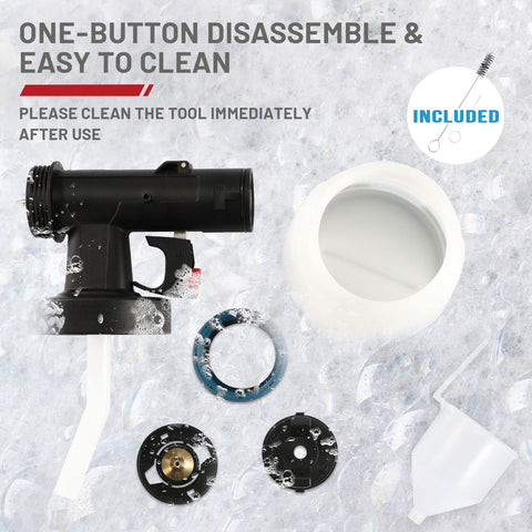 Cordless HVLP Paint Sprayer With Brushless Motor, 20V Battery, showing disassembled parts on ice for cleaning.