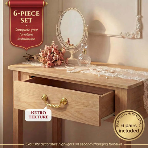 Vanity with Six Pack 4.5 Inch Center To Center Drawer Pulls Antique Drop Bail Handles Vintage Style Gold Finish installed.