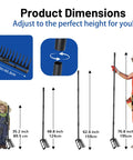 Product dimensions of 2-In-1 Garden Hoe With 12 Tines And 76.8 Inch Adjustable Handle shown with height options and user models.