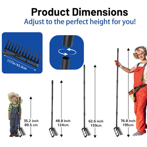 Product dimensions of 2-In-1 Garden Hoe With 12 Tines And 76.8 Inch Adjustable Handle shown with height options and user models.