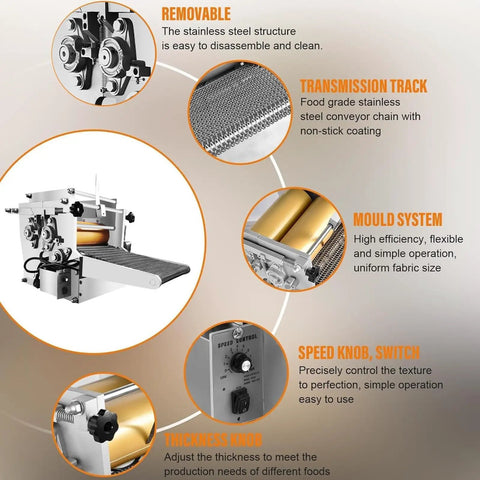 Close-up of Qiokoith Automatic Electric Tortilla Maker Machine with stainless steel structure, showing adjustable thickness knob and conveyor.