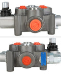 Front and side view of Heavy Duty 2 Spool Hydraulic Directional Control Valve with Joystick, cast iron, 25 GPM, 3000 PSI.