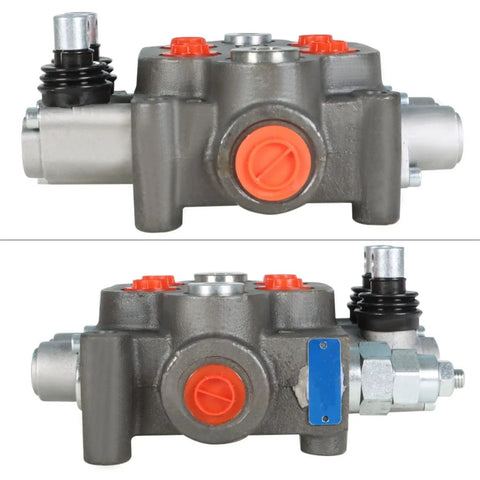 Front and side view of Heavy Duty 2 Spool Hydraulic Directional Control Valve with Joystick, cast iron, 25 GPM, 3000 PSI.