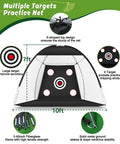 10x7ft Golf Practice Net With Dual Turf Hitting Mat For Backyard Driving And Chipping All In One Outdoor Indoor Golf Net With Multi Target Pockets featuring a sturdy X-shaped design and target accuracy pockets.