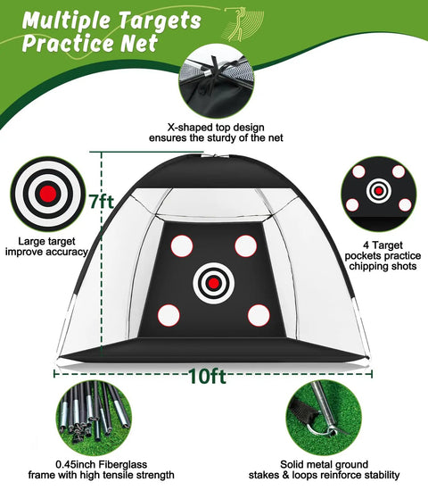 10x7ft Golf Practice Net With Dual Turf Hitting Mat For Backyard Driving And Chipping All In One Outdoor Indoor Golf Net With Multi Target Pockets featuring a sturdy X-shaped design and target accuracy pockets.