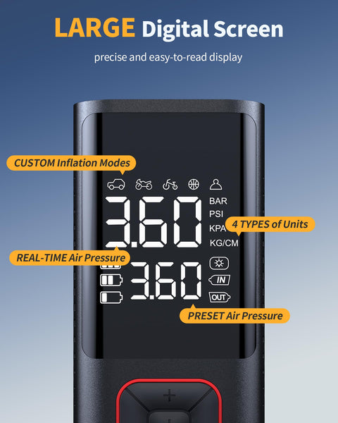 On The Go Cordless Tire Inflator Portable Air Compressor 150 PSI Auto Shutoff LED display with pressure settings screen