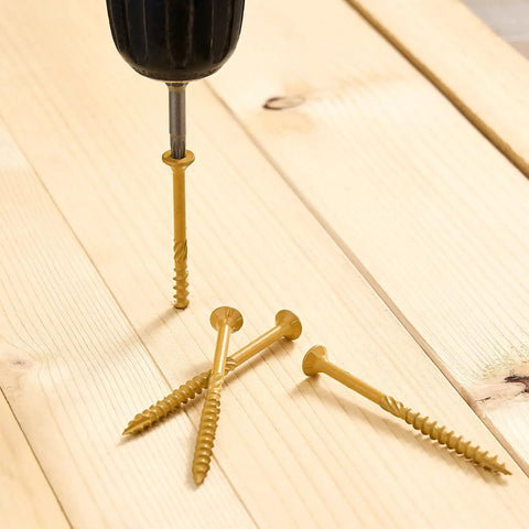 Size 10 Deck Screws 3 Inch 50 Pack With Self Drilling Tip No Pre Drill Needed Pro Grade Serrated Threads on wooden surface