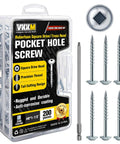 Pocket Hole Screw Kit With 200 Pieces Of Carbon Steel Button Head Screws In Internal Square Drive Size Eight By One And A Half Inches Zinc Coated Includes 150 Millimeter Square Drive Bit And Clear Storage Case
