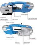 Cordless Battery-Powered Strapping Machine For PP PET Tape, Automatic One-Touch Tighten, Heavy-Duty Industrial Grade, Perfect For Paper Mills, Chemical Plants, Plastic Plants, With Gloves And Dual Batteries, side view with controls and battery pack