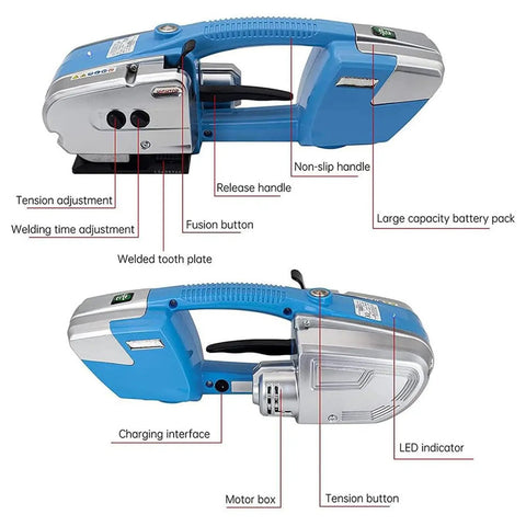 Cordless Battery-Powered Strapping Machine For PP PET Tape, Automatic One-Touch Tighten, Heavy-Duty Industrial Grade, Perfect For Paper Mills, Chemical Plants, Plastic Plants, With Gloves And Dual Batteries, side view with controls and battery pack