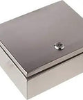 SNB3741-SS NEMA 4X Stainless Steel Enclosure Built Like A Tank With Hinged Cover, Keyed Quarter-Turn Latch, 16-Gauge, IP65, key visible