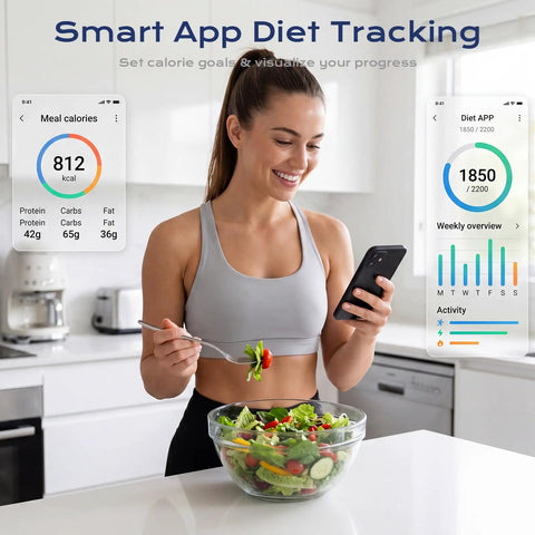 Woman using Food Scale With Nutritional Calculator For Tracking 30 Plus Nutrients Calories And Macros Bluetooth Kitchen Scale