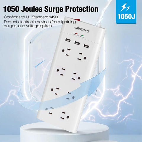 Long Reach 12 Foot Surge Protector Power Strip With Eight Outlets, 1050J Protection, displayed upright against spark effect