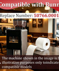 Four Roll Heavy Duty Coffee Filter Paper Game Changer compatible with commercial brewers, showing thick unbleached sheets on a café counter.