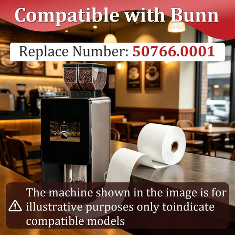 Four Roll Heavy Duty Coffee Filter Paper Game Changer compatible with commercial brewers, showing thick unbleached sheets on a café counter.
