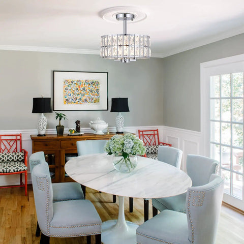 Crystal Semi Flush Mount Chandelier 12.6 Inch Round Drum Ceiling Light 3 Light E12 Fixture Chrome Finish in a bright dining room