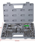 Solid 40-Piece Metric Tap And Die Set With Tungsten Carbide Bits For Heavy Duty Threading. Top Tier Stainless Steel Design Handles M3 Through M12 Threads Like A Boss. Tough, Reliable Tools You Can Count On For Any Precision Job. open case with taps, dies, and wrenches in gray storage case