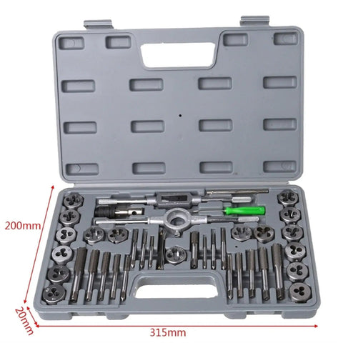 Solid 40-Piece Metric Tap And Die Set With Tungsten Carbide Bits For Heavy Duty Threading. Top Tier Stainless Steel Design Handles M3 Through M12 Threads Like A Boss. Tough, Reliable Tools You Can Count On For Any Precision Job. open case with taps, dies, and wrenches in gray storage case