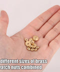 Brass Clock Hand Nut Kit With 12 Pieces In 5mm 6mm And 10mm OD Sizes Replacement Set held in a hand
