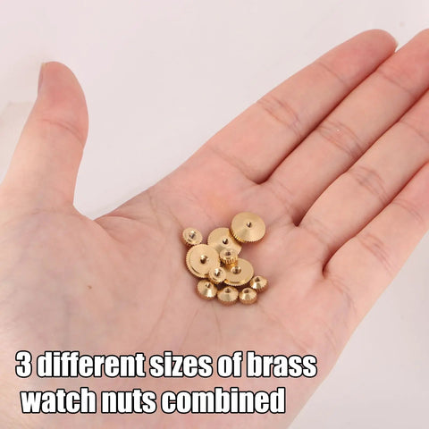 Brass Clock Hand Nut Kit With 12 Pieces In 5mm 6mm And 10mm OD Sizes Replacement Set held in a hand