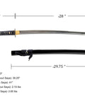Stainless Steel Katana Iaito For Iaido Training With Bamboo Tsuba And Fuller Groove 28 Inch Blade Unsharpened Training Sword For Safe Practice Real Deal Balanced With A Solid Feel And Audible Swing, shown with dimensions and sheath.