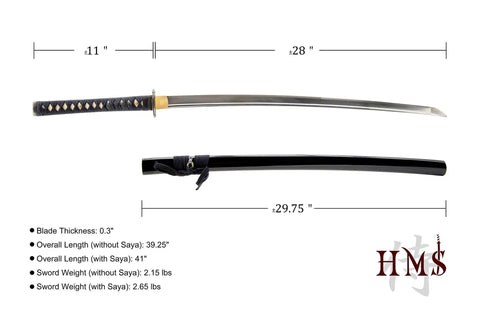 Stainless Steel Katana Iaito For Iaido Training With Bamboo Tsuba And Fuller Groove 28 Inch Blade Unsharpened Training Sword For Safe Practice Real Deal Balanced With A Solid Feel And Audible Swing, shown with dimensions and sheath.
