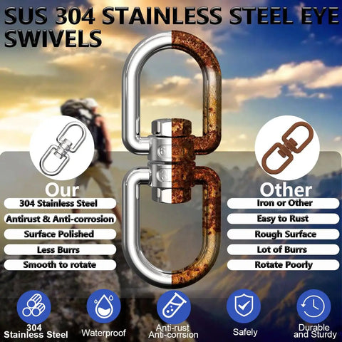 Real Deal 304 Stainless Steel Double Eye Swivel Hooks Rock Solid Smooth Rotating Dismounting Rings For Tree Swings And Backyard Rigging Built Like A Tank 4 Piece Set close-up image highlighting anti-corrosion properties.