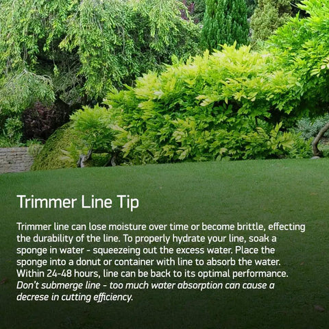 Green lawn with text overlay about trimmer line maintenance tips, focus on Magnum Gatorline Round Trimmer Line durability advice.